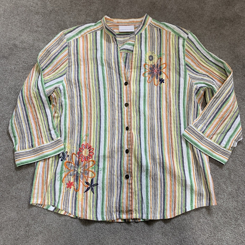 Alfred‎ Dunner Shirt Blouse Top Multicolor Striped Embroidered Women's Size 10